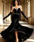 Stretch Velvet Dance Gown with White Ruffle Trim Standard/Smooth