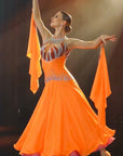 Long Sleeves Flowy Sash Flame Crystal Ballroom Standard Dress Standard/Smooth