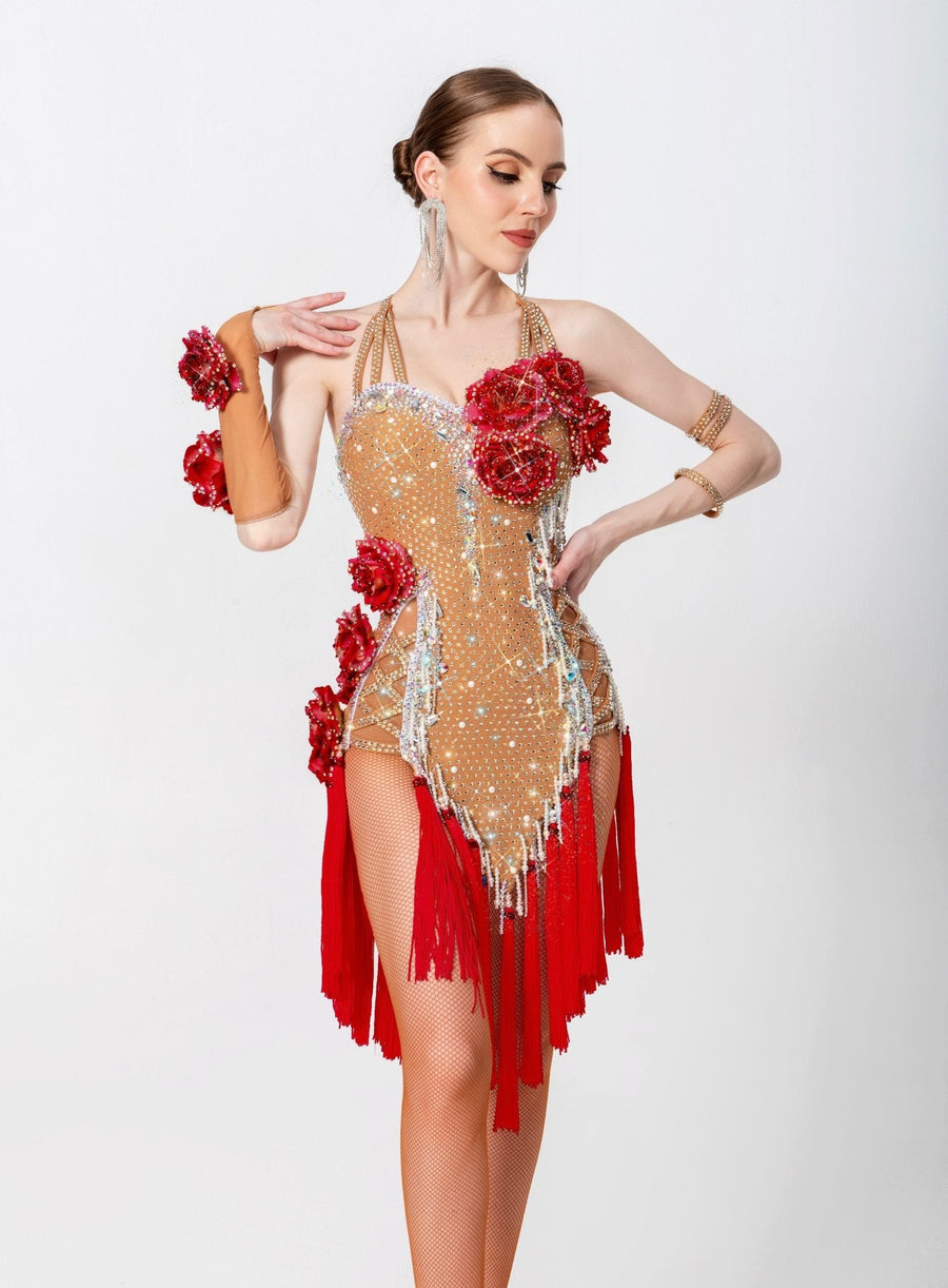 3D Roses Fringe Crystalline Latin Dress Latin/Rhythm # L5540 - Unika Dancewear