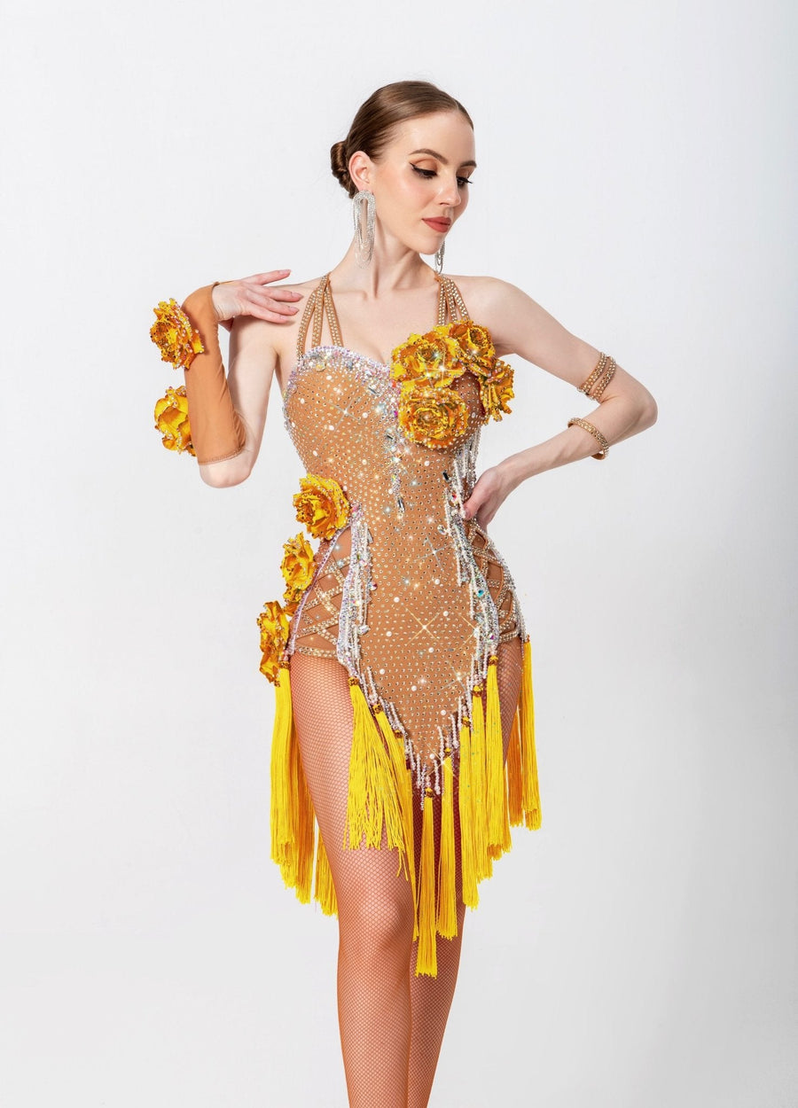 3D Roses Fringe Crystalline Latin Dress Latin/Rhythm # L5540 - Unika Dancewear