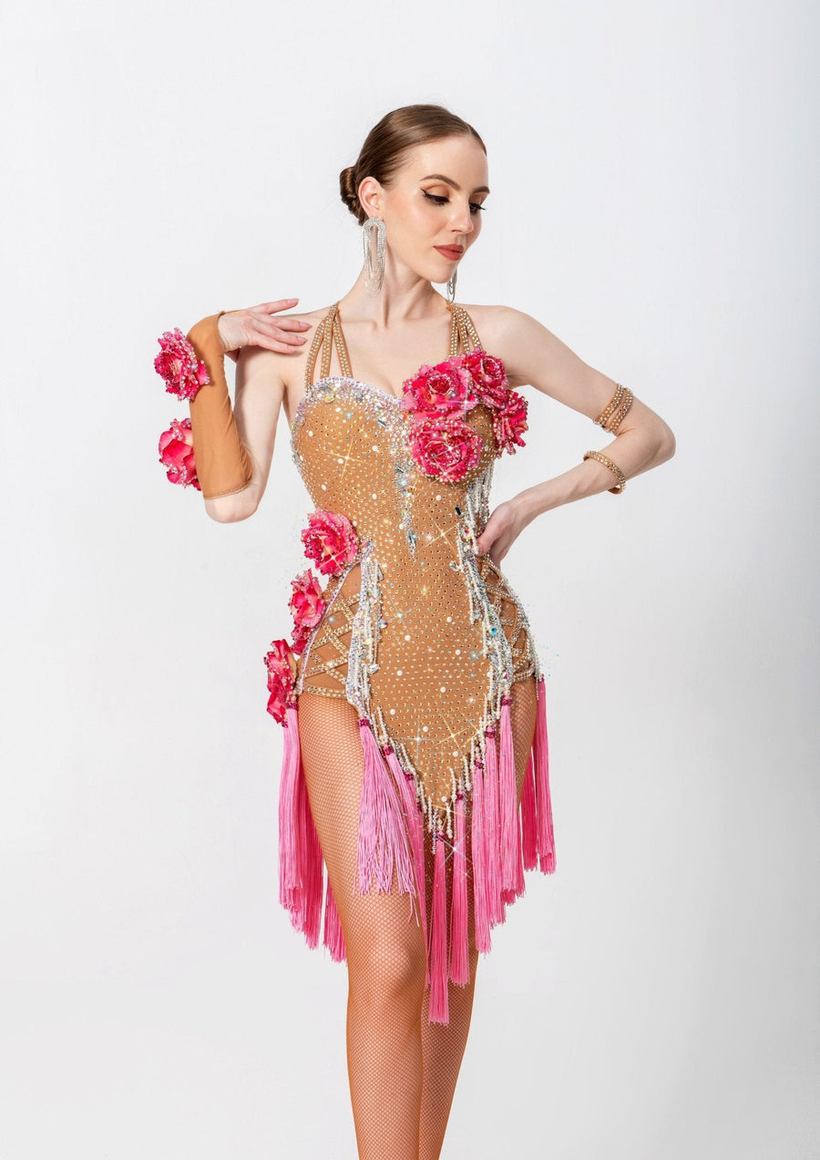 3D Roses Fringe Crystalline Latin Dress Latin/Rhythm # L5540 - Unika Dancewear