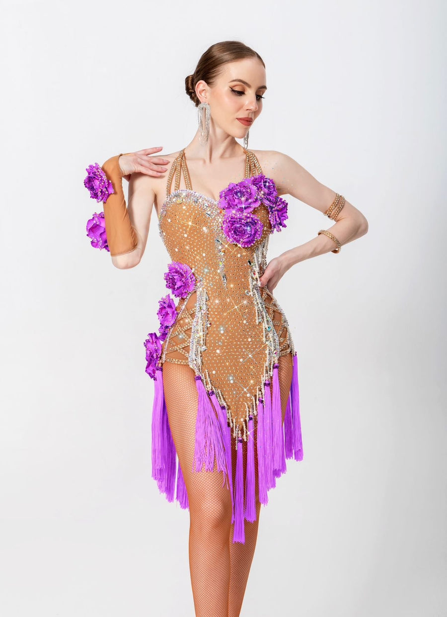 3D Roses Fringe Crystalline Latin Dress Latin/Rhythm # L5540 - Unika Dancewear