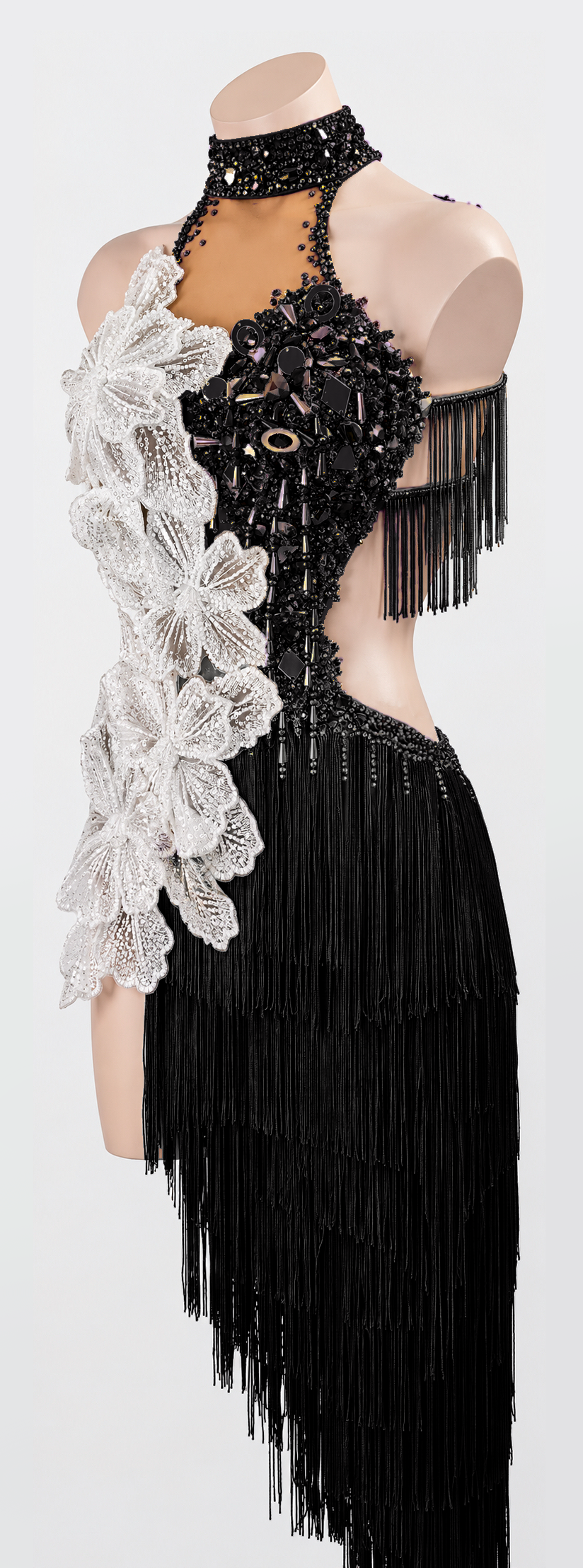Hand‑Applied Various Rhinestones&3D White Floral Appliqué, Halter Backless Latin/Rhythm 