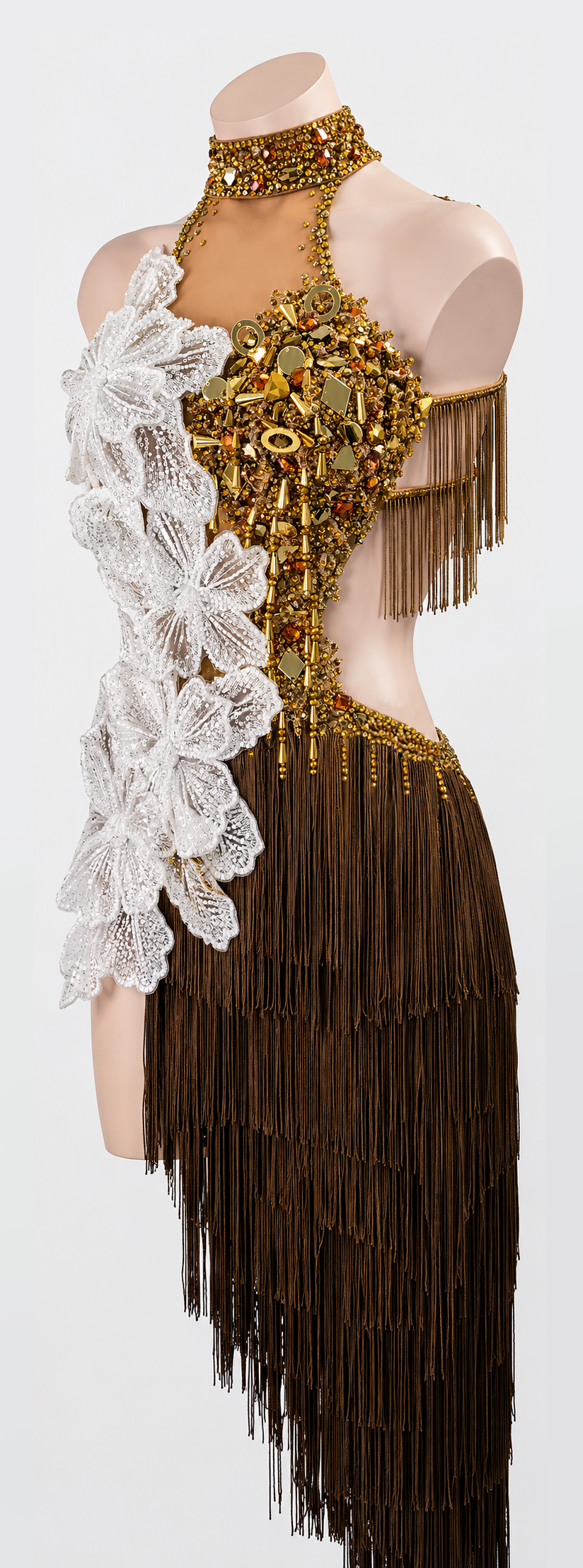 Hand‑Applied Various Rhinestones&3D White Floral Appliqué, Halter Backless Latin/Rhythm 