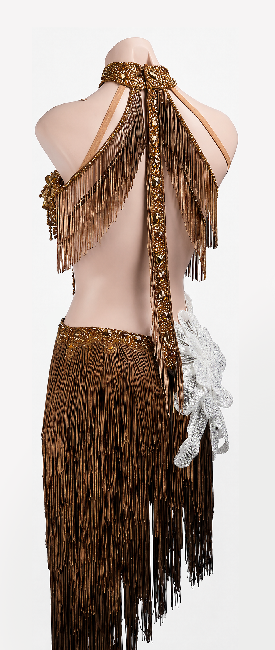 Hand‑Applied Various Rhinestones&3D White Floral Appliqué, Halter Backless Latin/Rhythm 