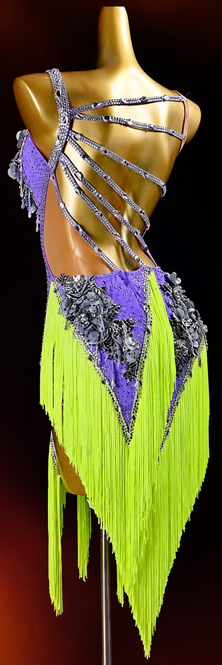 Crystalline Color‑Contrast 3D Floral Fringe Dress  Latin/Rhythm 