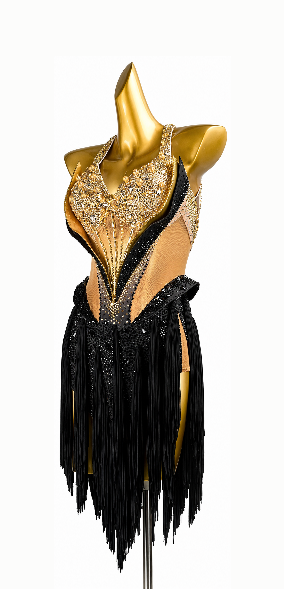 Fully Golden Crystals and Pearls Fringe Dress Latin/Rhythm  