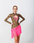 Long-sleeves Crystalline Leopard Print Fringe Latin Dress Latin/Rhythm 