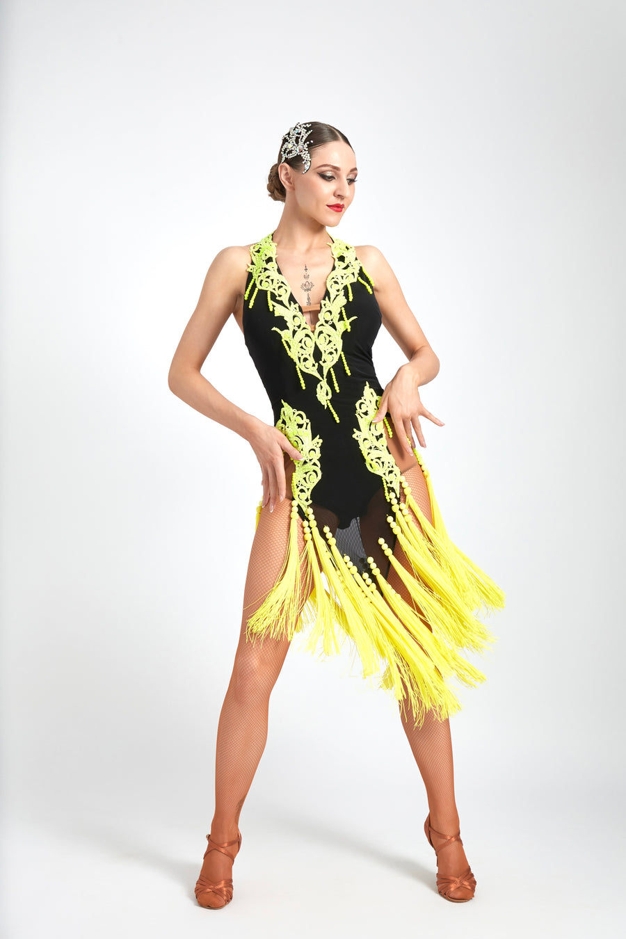 Crystalline Fluorescent Stone Fringe Latin Dress Latin/Rhythm # L5176