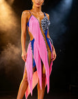 Crystalline Color‑Contrast 3D Floral Fringe Dress  Latin/Rhythm 
