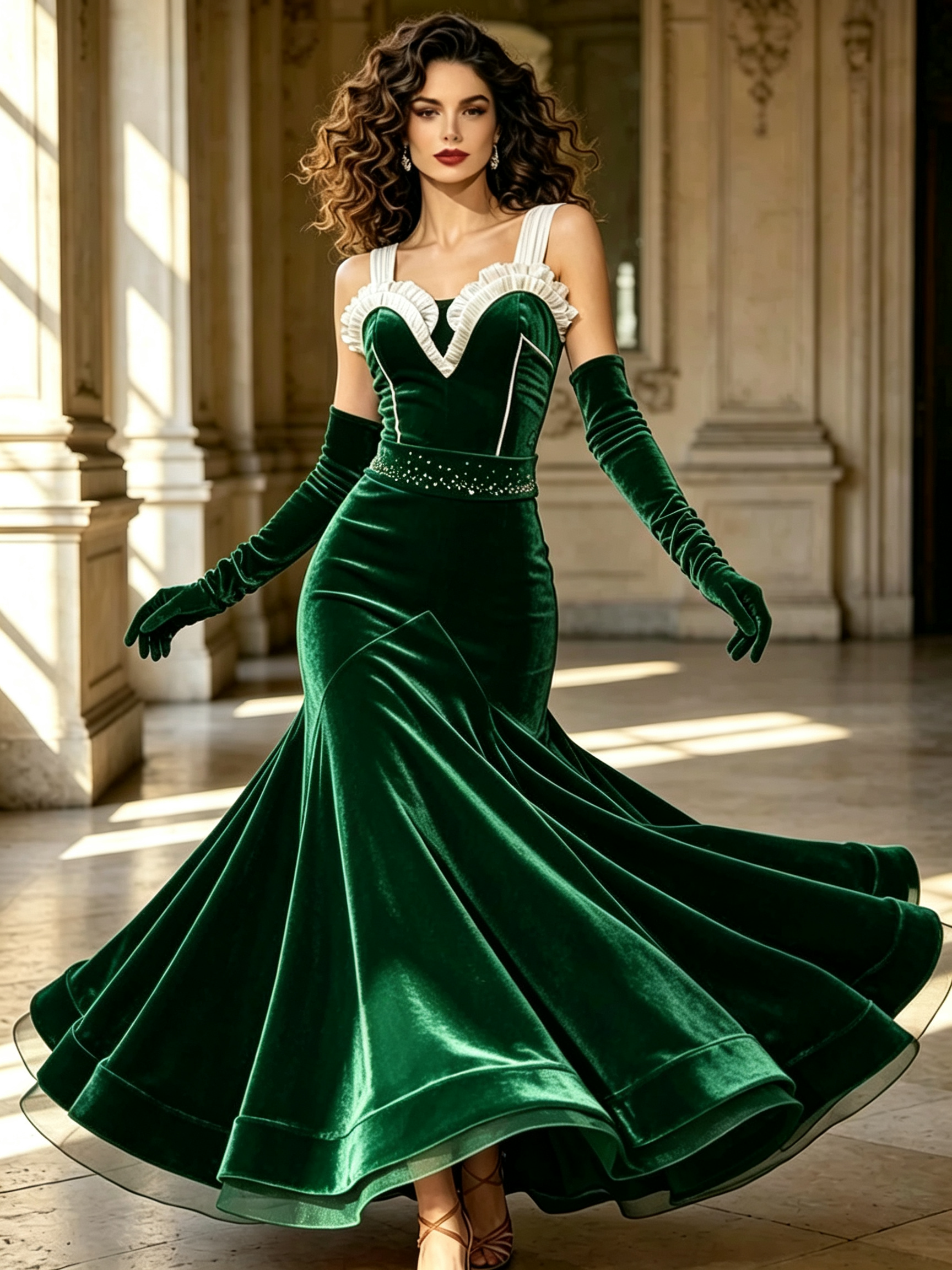 Stretch Velvet Dance Gown with White Ruffle Trim  Standard/Smooth 