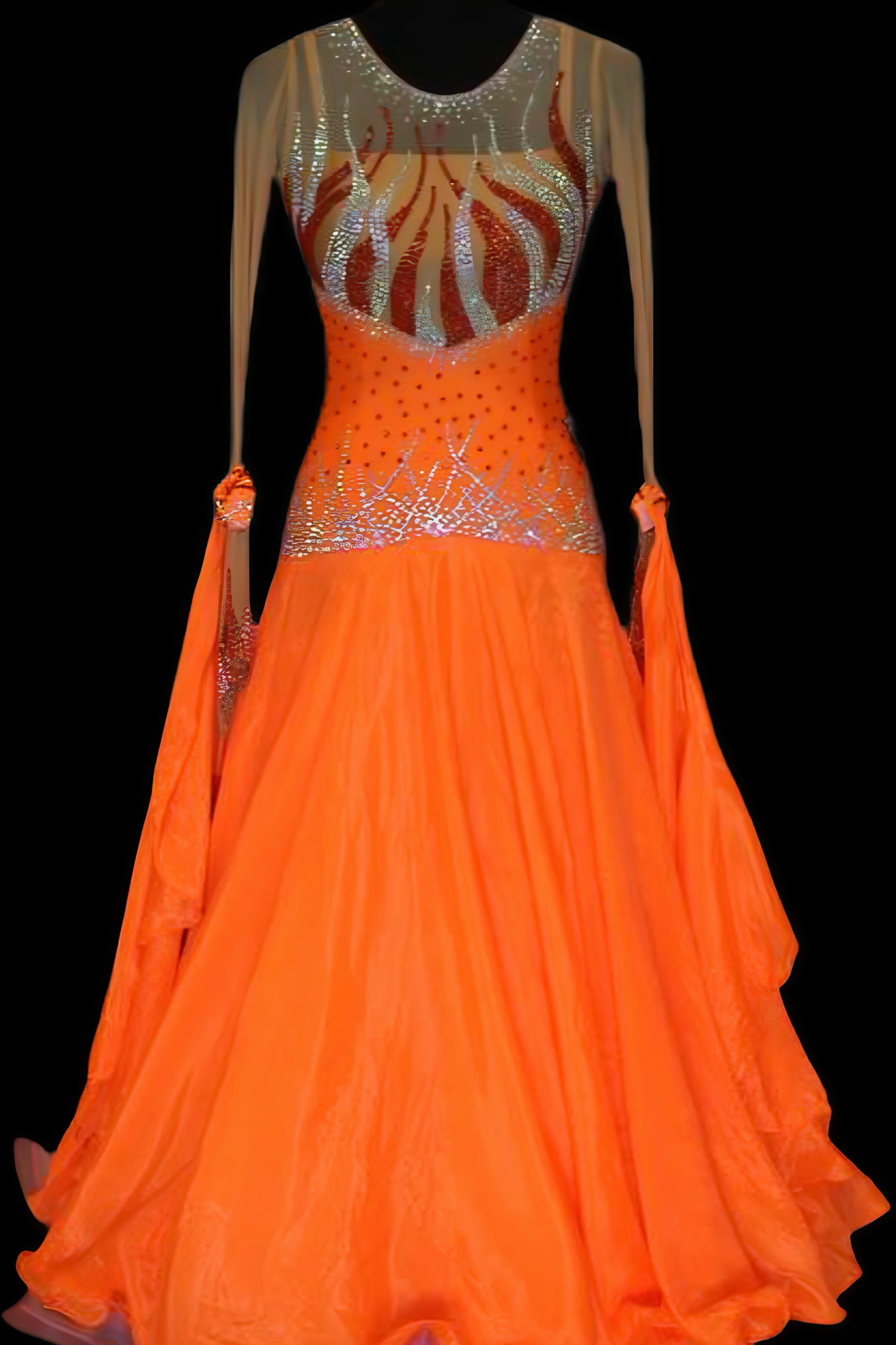 Long Sleeves Flowy Sash Flame Crystal Ballroom Standard Dress Standard/Smooth 