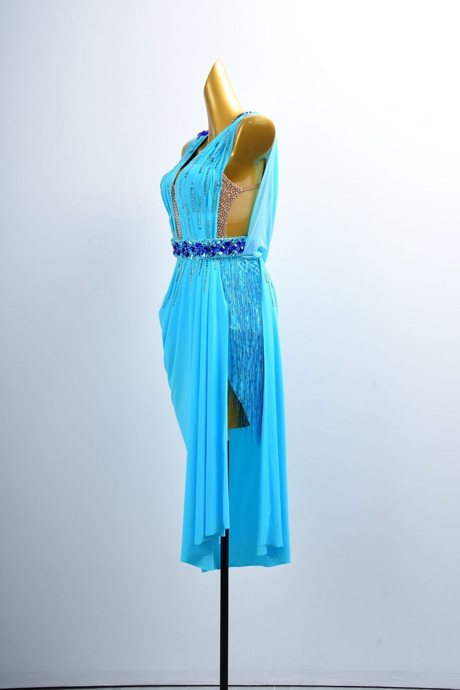 Crystal Belt Beaded asymmetric Long Latin Dress Latin/Rhythm # L5049 - Unika Dancewear