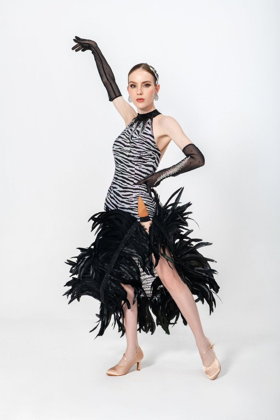 Crystalline Animal Print Feather Latin Dress Latin/Rhythm # L5465 - Unika Dancewear