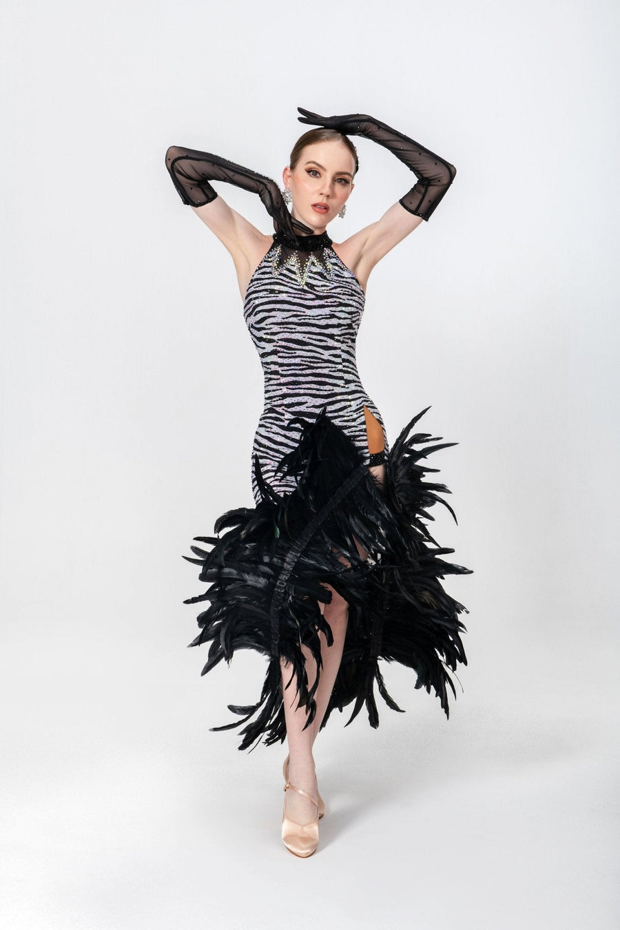 Crystalline Animal Print Feather Latin Dress Latin/Rhythm # L5465 - Unika Dancewear