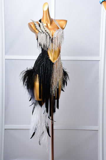 Crystalline Beaded Ostrich Feather Latin Dress Latin/Rhythm # L5054 - Unika Dancewear