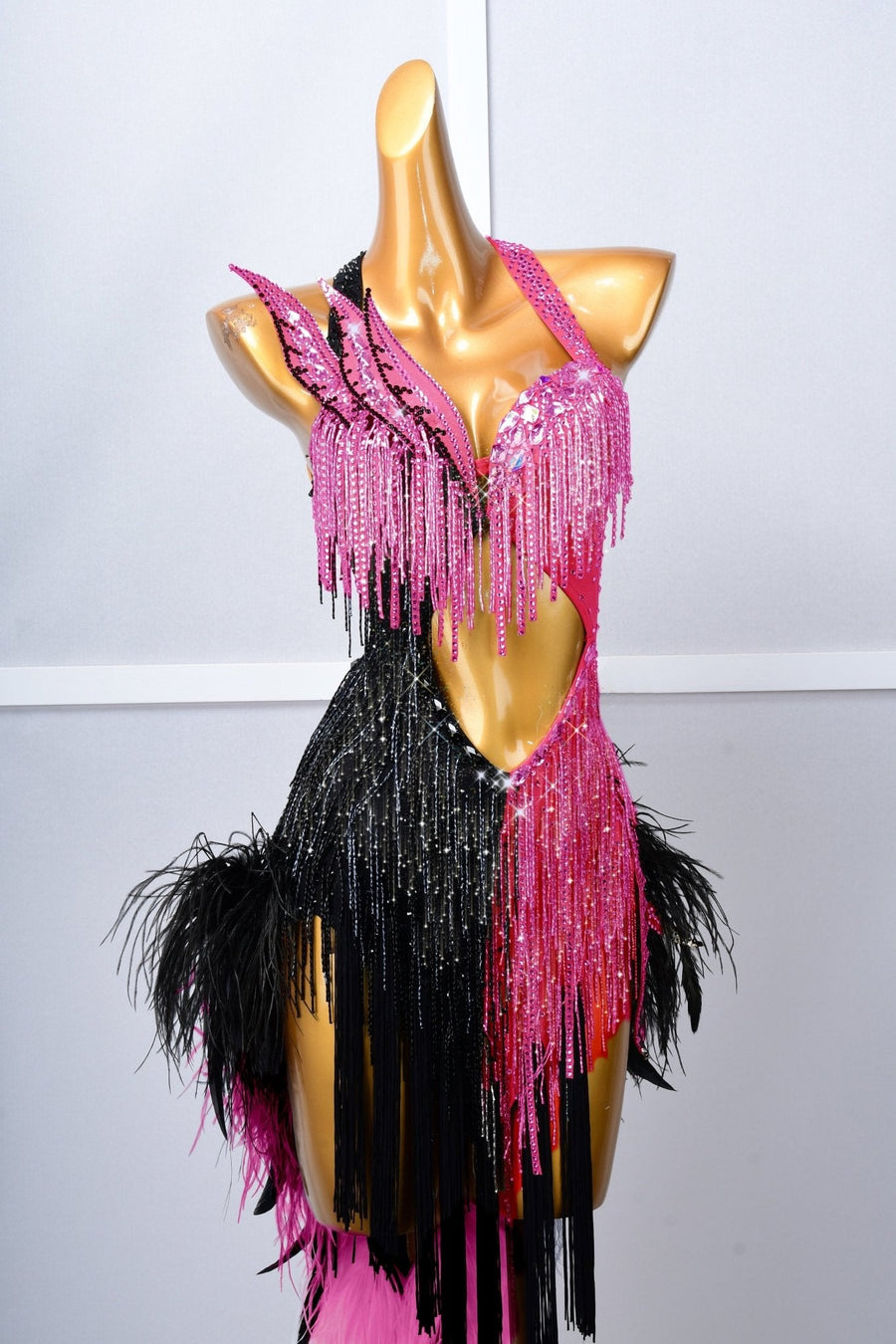 Crystalline Beaded Ostrich Feather Latin Dress Latin/Rhythm # L5054 - Unika Dancewear