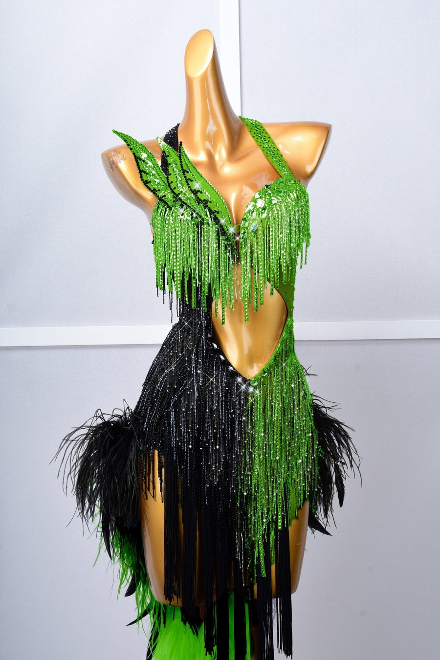 Crystalline Beaded Ostrich Feather Latin Dress Latin/Rhythm # L5054 - Unika Dancewear