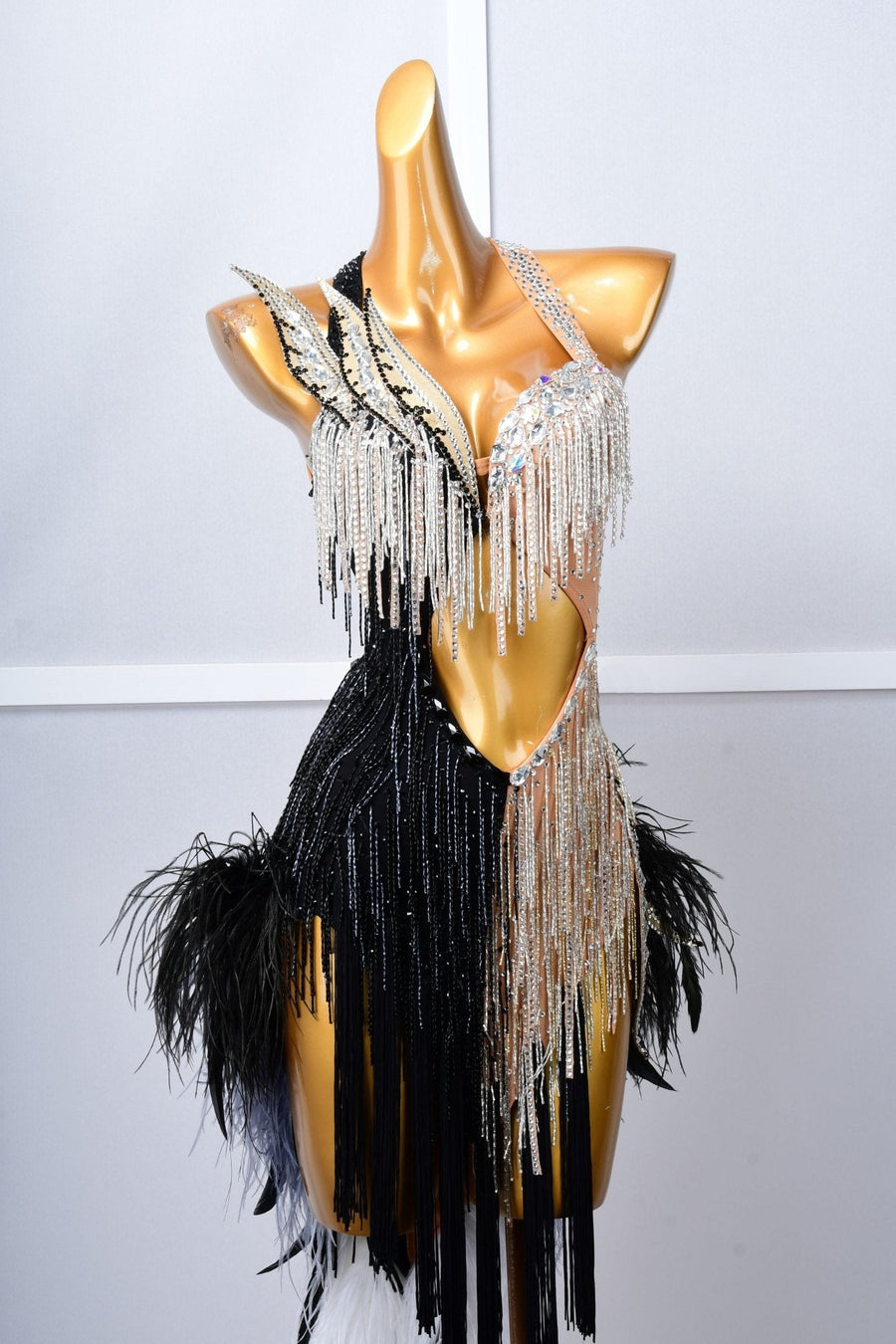 Crystalline Beaded Ostrich Feather Latin Dress Latin/Rhythm # L5054 - Unika Dancewear