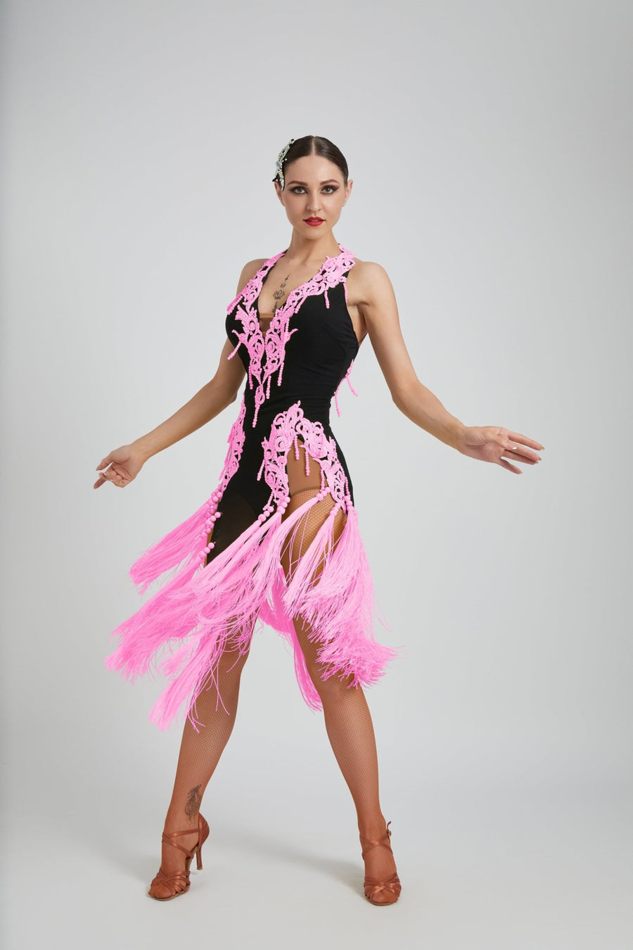 Crystalline Fluorescent Stone Fringe Latin Dress Latin/Rhythm # L5176 - Unika Dancewear