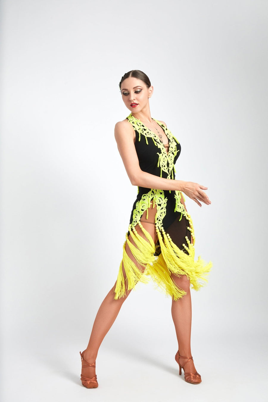 Crystalline Fluorescent Stone Fringe Latin Dress Latin/Rhythm # L5176 - Unika Dancewear