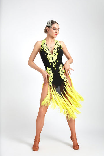 Crystalline Fluorescent Stone Fringe Latin Dress Latin/Rhythm # L5176 - Unika Dancewear