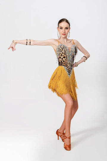 Crystalline Leopard Print Fringe Latin Dress Latin/Rhythm # L5006 - Unika Dancewear