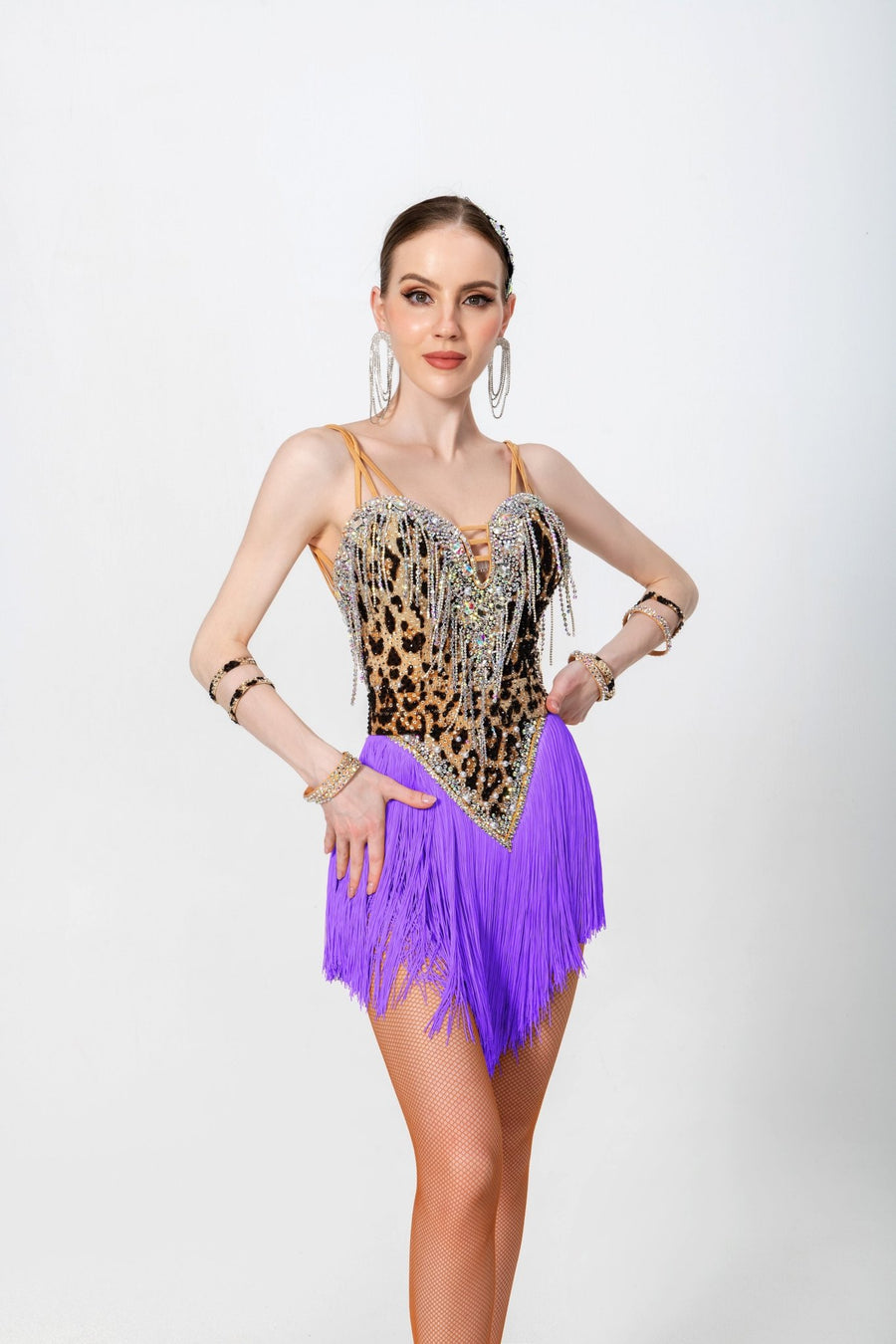 Crystalline Leopard Print Fringe Latin Dress Latin/Rhythm # L5006 - Unika Dancewear