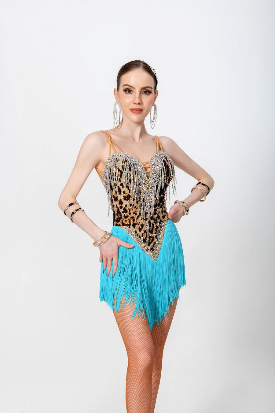 Crystalline Leopard Print Fringe Latin Dress Latin/Rhythm # L5006 - Unika Dancewear