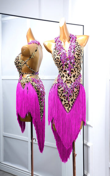 Crystalline Leopard Print Fringe Latin Performance Dress Latin/Rhythm # L5052 - Unika Dancewear