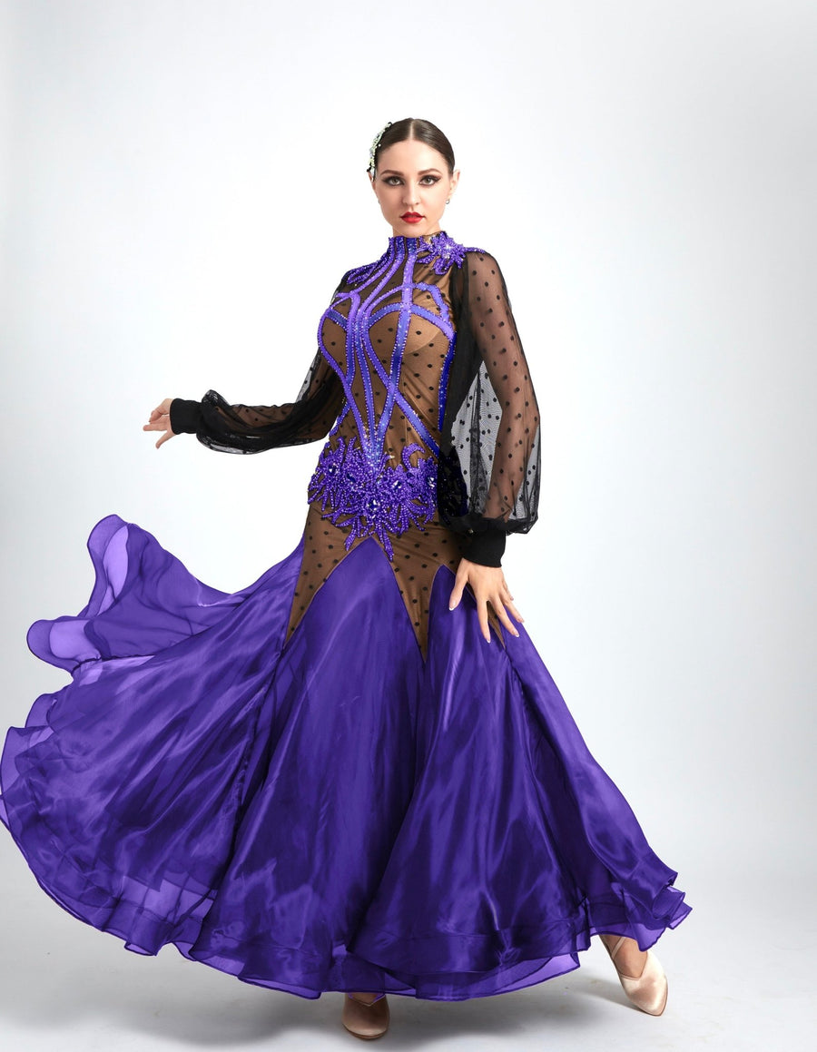 Long Puffy Sleeves Crystalline Ballroom Dress Standard/Smooth # M3987 - Unika Dancewear