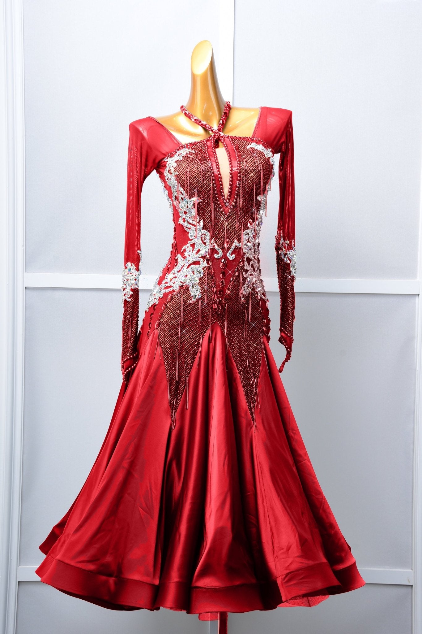 Long - sleeved Crystal Net Ballroom Dress Standard/Smooth 