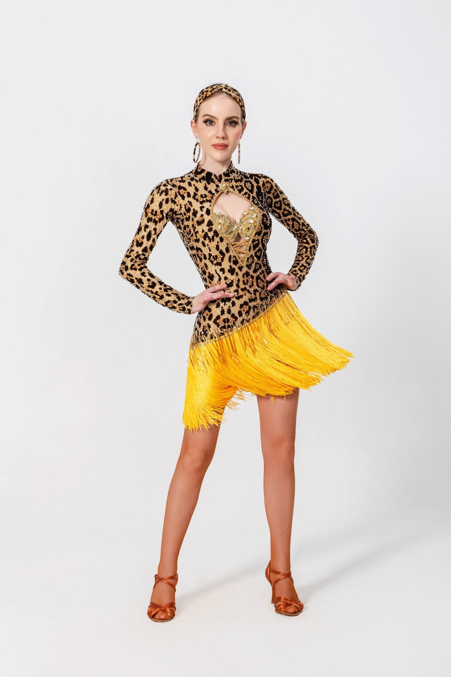 Long - sleeves Crystalline Leopard Print Fringe Latin Dress Latin/Rhythm # L5566 - Unika Dancewear