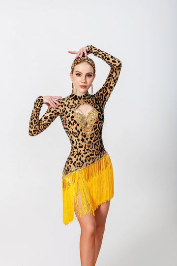 Long - sleeves Crystalline Leopard Print Fringe Latin Dress Latin/Rhythm # L5566 - Unika Dancewear