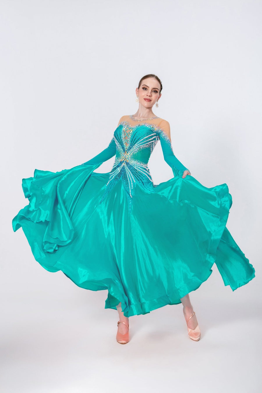 Long - sleeves Crystalline Pearl Ballroom Dress Standard/Smooth # M4723 - Unika Dancewear