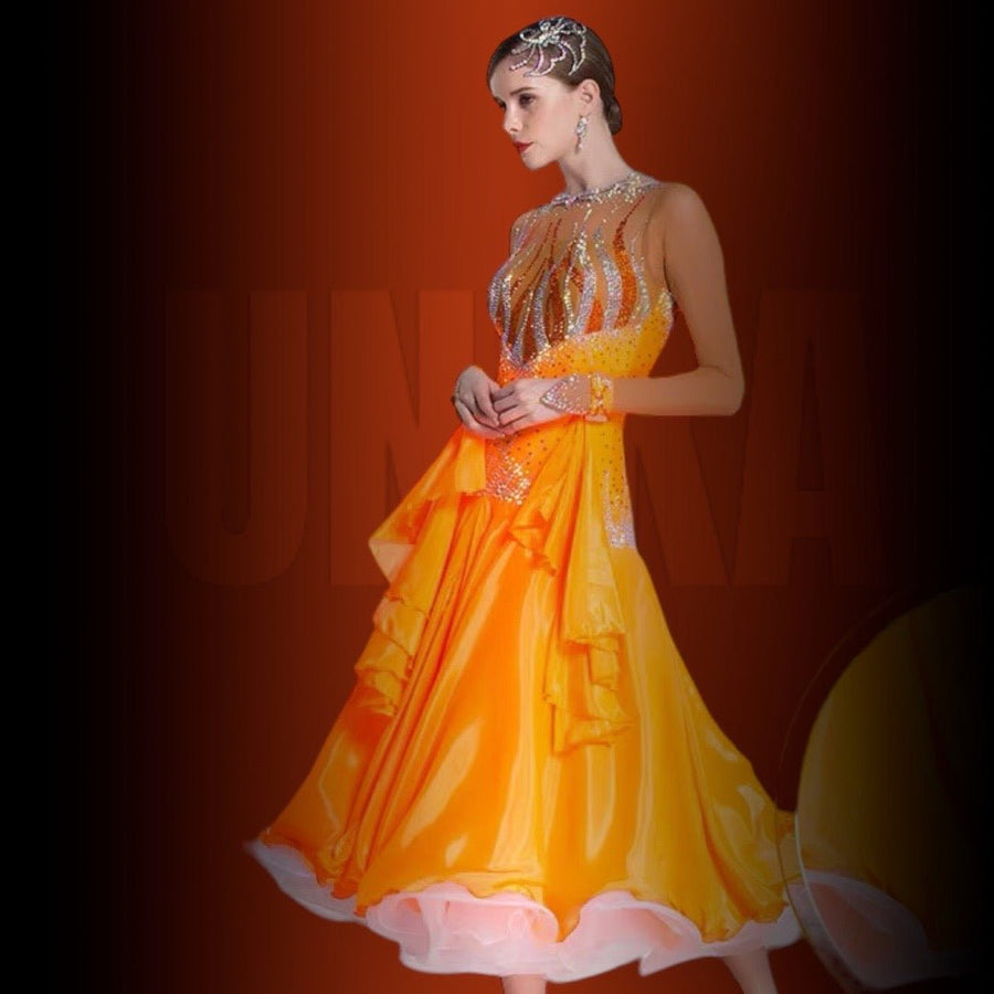 Long Sleeves Flame Crystal Ballroom Standard Dress Standard/Smooth # M5955 - Unika Dancewear