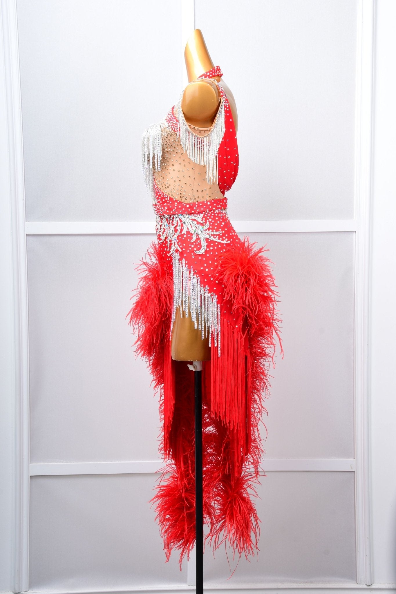 One - shoulder Ostrich Feather Crystalline Latin Dress Latin/Rhythm 