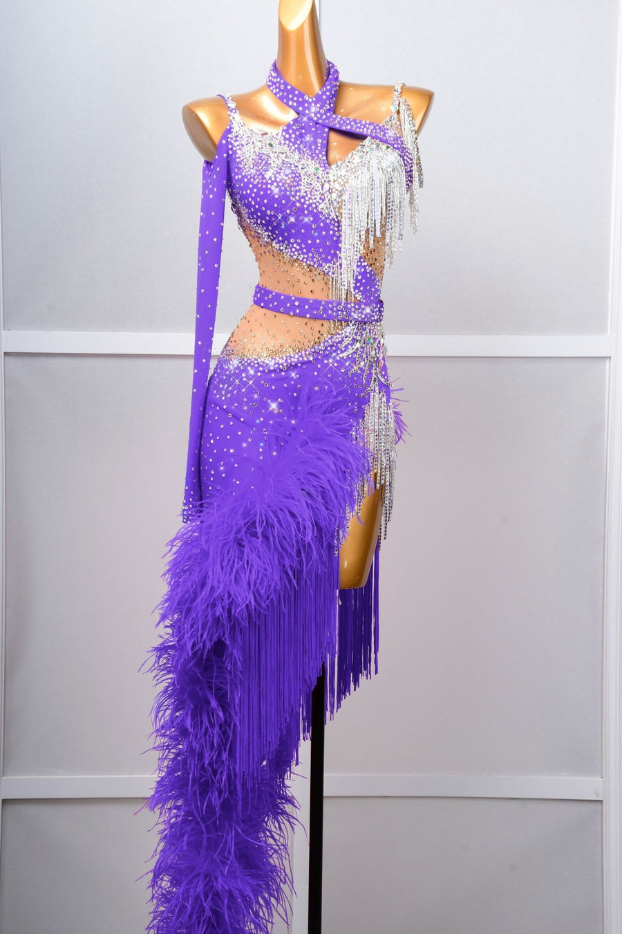 One - shoulder Ostrich Feather Crystalline Latin Dress Latin/Rhythm # L5060 - Unika Dancewear