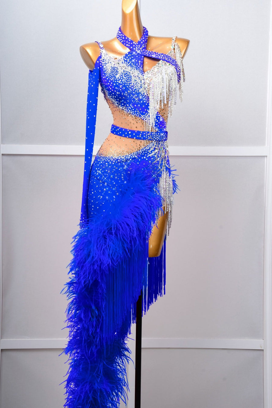 One - shoulder Ostrich Feather Crystalline Latin Dress Latin/Rhythm # L5060 - Unika Dancewear