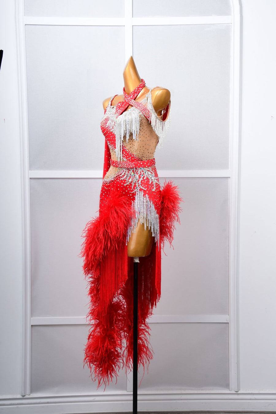 One - shoulder Ostrich Feather Crystalline Latin Dress Latin/Rhythm # L5060 - Unika Dancewear