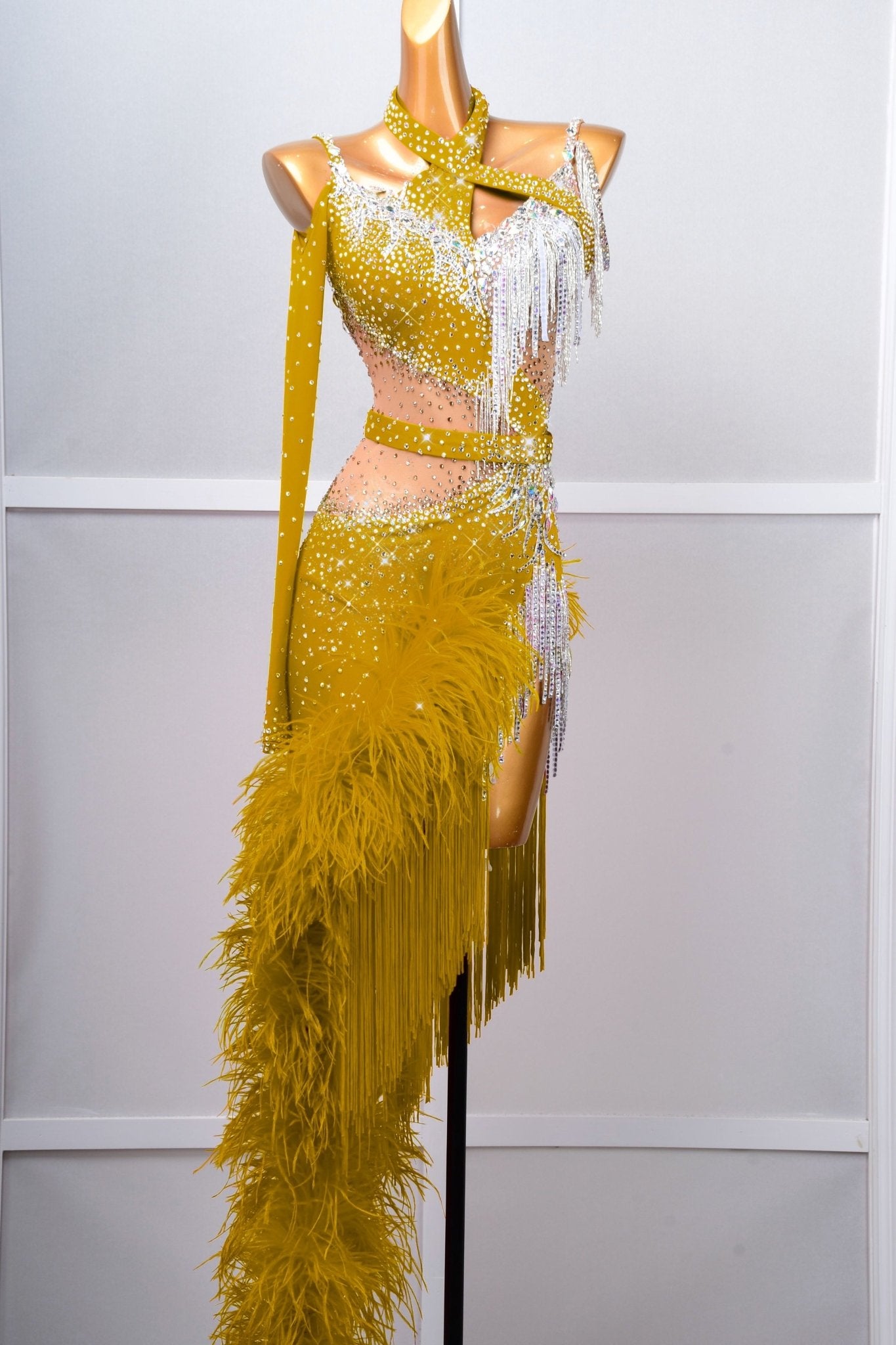 One - shoulder Ostrich Feather Crystalline Latin Dress Latin/Rhythm 