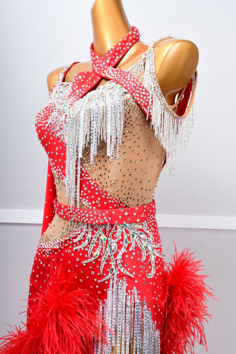 One - shoulder Ostrich Feather Crystalline Latin Dress Latin/Rhythm # L5060 - Unika Dancewear