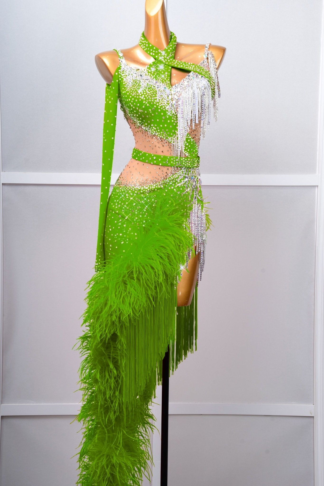 One - shoulder Ostrich Feather Crystalline Latin Dress Latin/Rhythm 