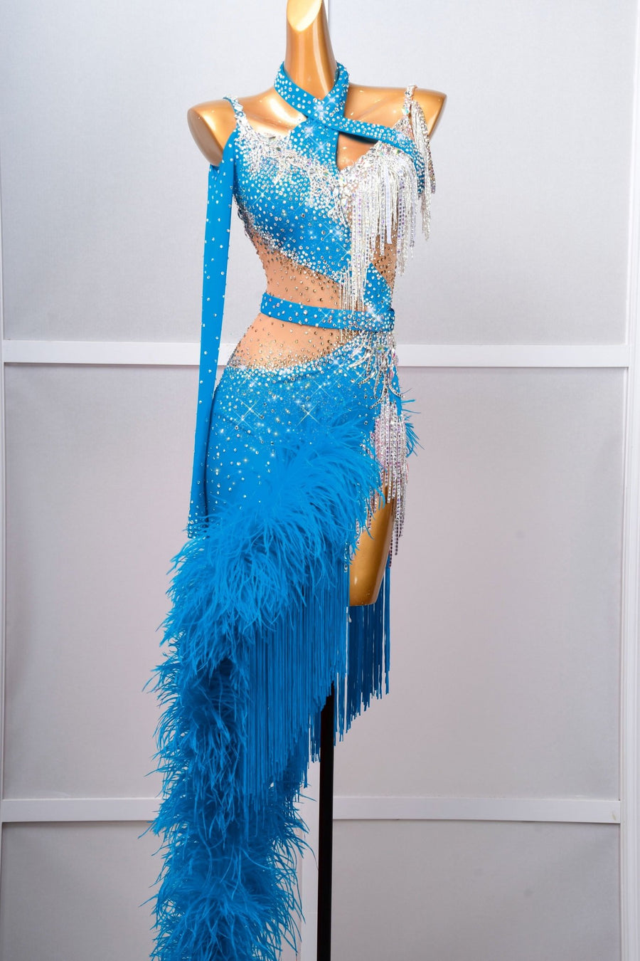 One - shoulder Ostrich Feather Crystalline Latin Dress Latin/Rhythm # L5060 - Unika Dancewear