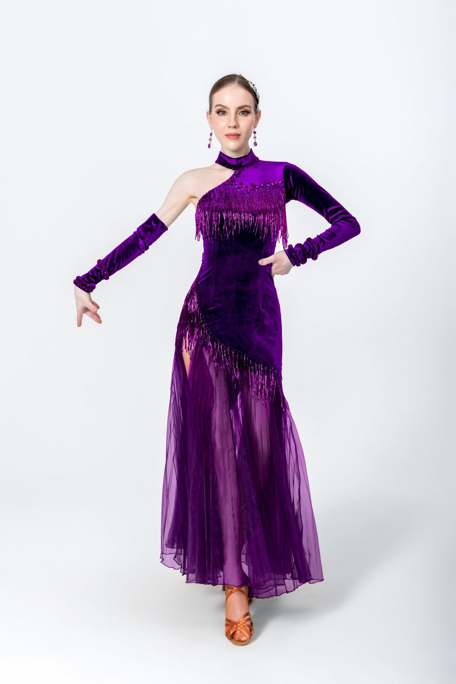 One - sleeve Pleated Skirt Crystalline Smooth Dress Latin/Rhythm # L5616 - Unika Dancewear