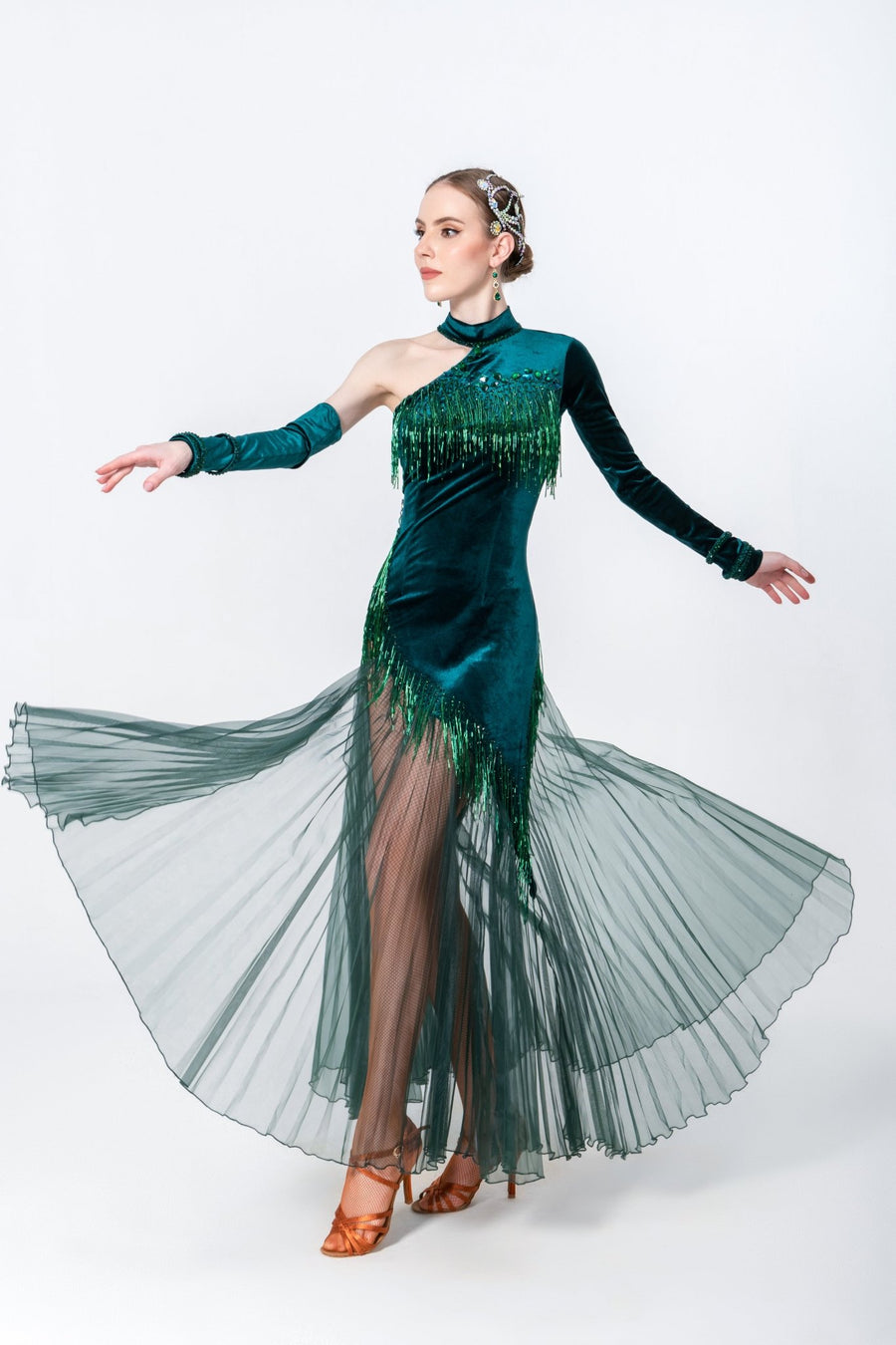 One - sleeve Pleated Skirt Crystalline Smooth Dress Latin/Rhythm # L5616 - Unika Dancewear