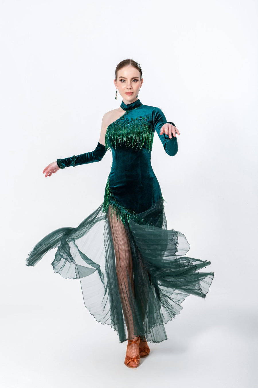 One - sleeve Pleated Skirt Crystalline Smooth Dress Latin/Rhythm # L5616 - Unika Dancewear