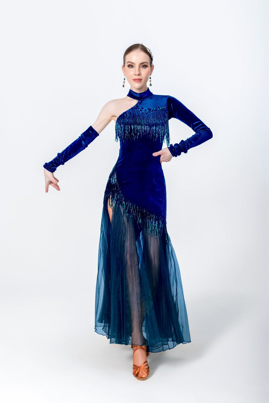 One - sleeve Pleated Skirt Crystalline Smooth Dress Latin/Rhythm # L5616 - Unika Dancewear