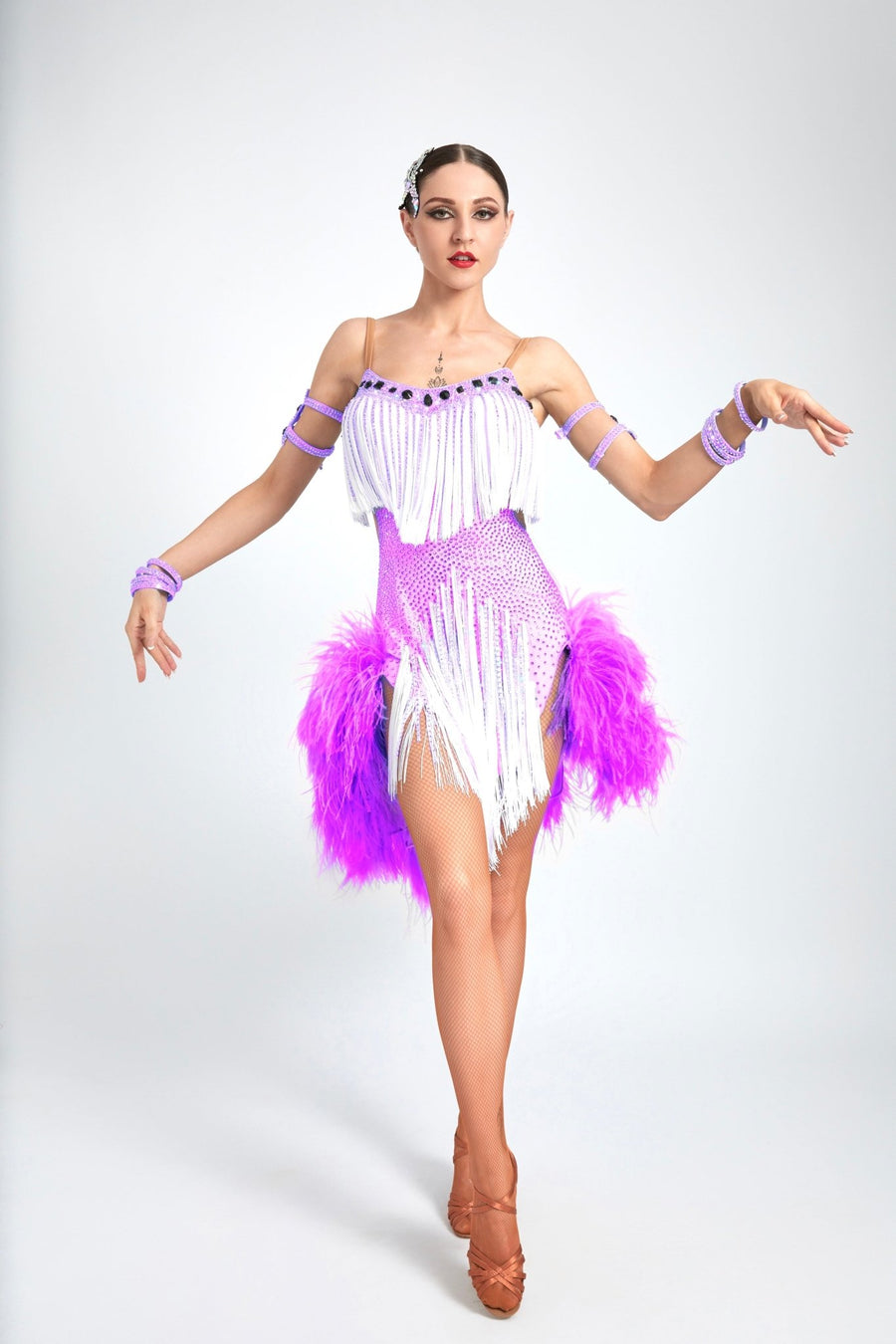 Ostrich Feather Crystalline Fringe Latin Dress Latin/Rhythm # L5101 - Unika Dancewear