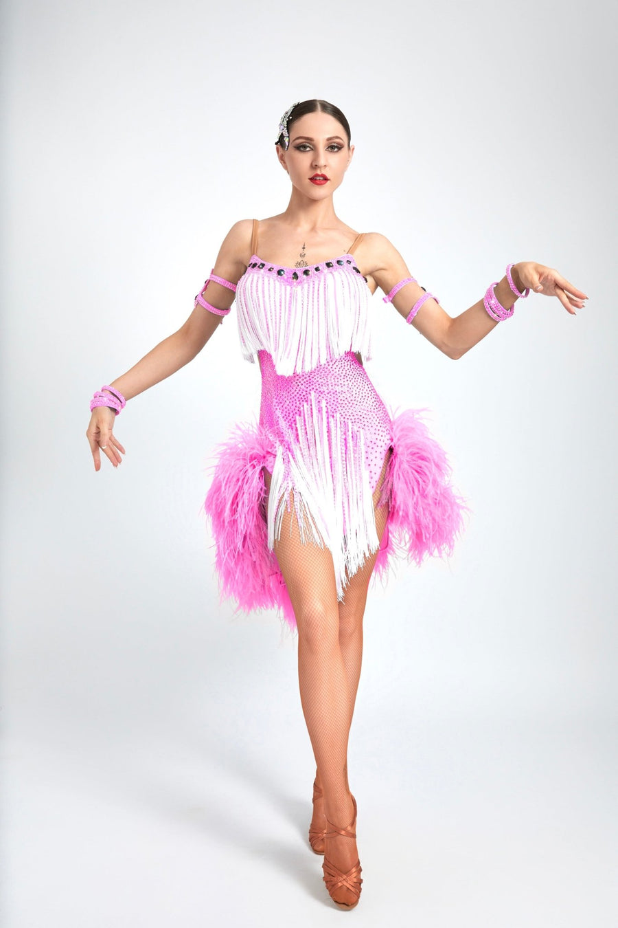 Ostrich Feather Crystalline Fringe Latin Dress Latin/Rhythm # L5101 - Unika Dancewear